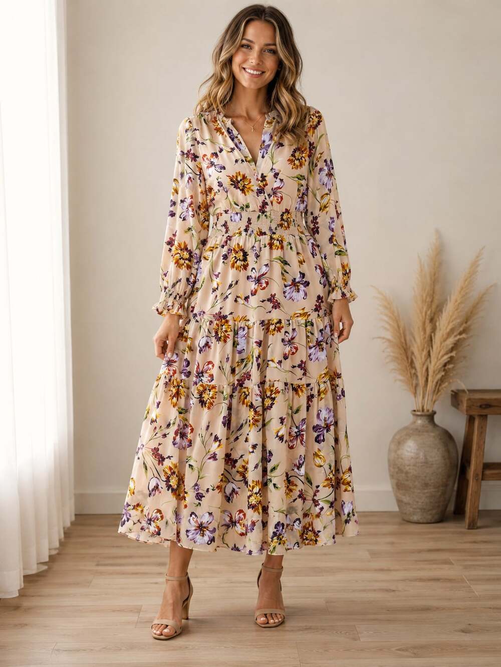 Dress Forum LA Floral Tiered Midi Dress Smocked Waist V-Neck Long Sleeve Large